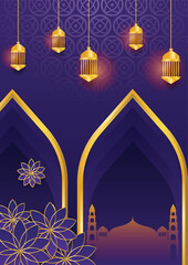 Fototapeta na wymiar Trendy islamic poster background with mosque, arabic pattern, lantern, moon, and crescent. Can be used for greeting card, poster, banner, invitation, brochure, ramadan, eid, adha, iftar invitation.