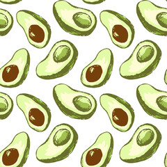 two halves of avocado, with and without bone_two halves of avocado, with and without bone, graphic drawing in green on a white background, seamless pattern