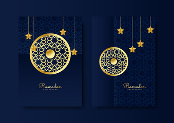 Fototapeta na wymiar Trendy islamic ramadan greeting card and poster background template with mosque, lantern, pattern, and crescent. Design for iftar invitation, ramadhan mubarak kareem. Vector illustration