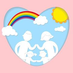 Happy family against blue sky and rainbow in paper cut style for International Day of Families