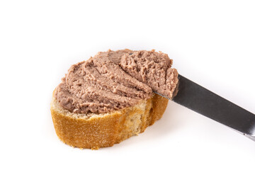 Toasted bread with pork liver pate isolated on white background