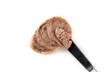 Toasted bread with pork liver pate isolated on white background