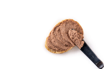 Toasted bread with pork liver pate isolated on white background. Top view. Copy space