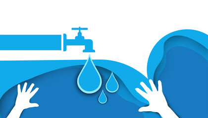  World Water Day Background Design for banner and Valuable use of water in everyday life concept with paper cut on Blue. craft, copy space, website -3d rendering