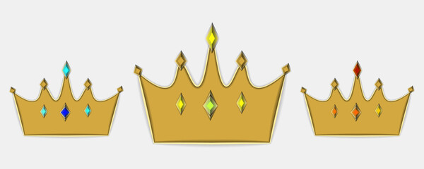 Set of golden crowns with precious stones. Collection of crown icons - awards for winners, champions, leaders. Vector isolated elements for logo, label, game, hotel, app design. Royal king, queen.