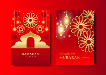 Trendy islamic ramadan greeting card and poster background template with mosque, lantern, pattern, and crescent. Design for iftar invitation, ramadhan mubarak kareem. Vector illustration