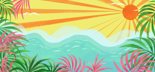 background with palm trees and sun summer concept