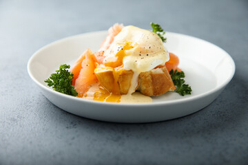 Homemade Benedict eggs with smoked salmon