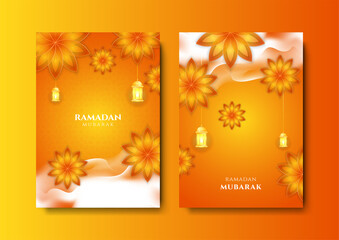 Trendy islamic ramadan orange greeting card and poster background template with mosque, lantern, pattern, and crescent. Design for iftar invitation, ramadhan mubarak kareem. Vector illustration