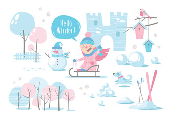 Fototapeta na wymiar Cartoon winter landscape with a girl on a sled and a dog.