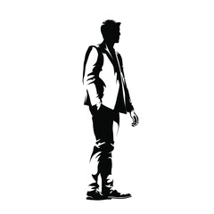 Business man standing in suit, side view, profile. Isolated vector silhouette, ink drawing. Business people