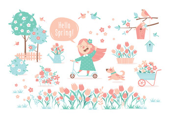 Obraz premium Cartoon spring landscape with a girl on a scooter and a dog.