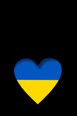 Flag of Ukraine in the shape of a heart on a black background. Vertical background, copy space, flat lay. High quality illustration