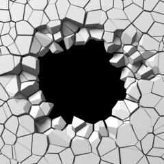 Broken white wall with a hole in the center