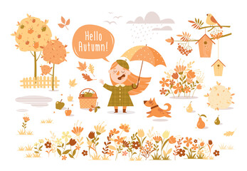 Cartoon autumn landscape with a girl and a dog in the rain.