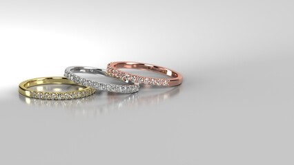 3 stacked laying down wedding band 3d render side view