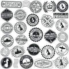 Portsmouth, UK Set of Stamps. Travel Stamp. Made In Product. Design Seals Old Style Insignia.