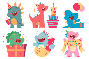 Naklejka premium Cute dinosaurs celebrate birthday vector cartoon characters set isolated on a white background.