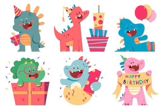 Cute dinosaurs celebrate birthday vector cartoon characters set isolated on a white background.