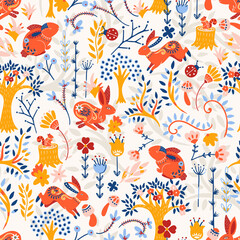 Spring Red Rabbits in Forest Vector Seamless Pattern