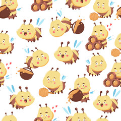 Cute bee seamless pattern vector cartoon background.