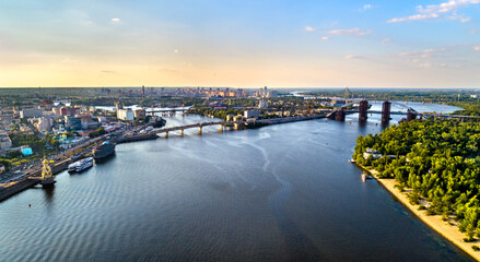 Fototapeta premium Aerial view of the Dnieper river with unfinished bridge in Kiev, Ukraine, before the war with Russia