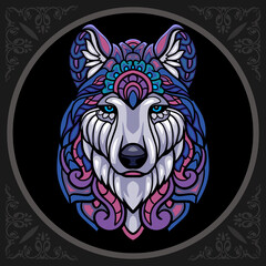 Colorful wolf head zentangle arts, isolated on black background