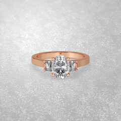 three stone engagement ring laying down position in metal gold 3D render