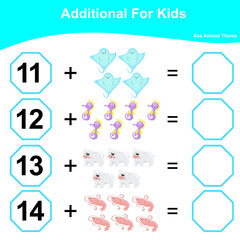 Counting Addition Game for Preschool Children. Educational printable math worksheet. Additional math worksheet. Vector illustration.