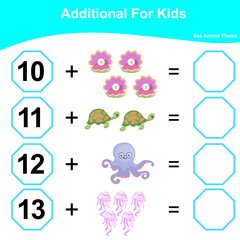 Counting Addition Game for Preschool Children. Educational printable math worksheet. Additional math worksheet. Vector illustration.
