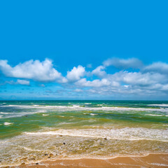 Cover page with oceanic seashore and sandy beach seascape at blue sky and solid background with copy space.