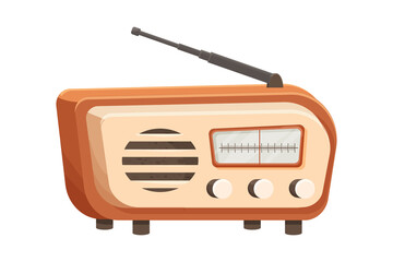 Retro radio, vintage wave receiver with antenna portable sound device in cartoon style isolated on white background.