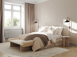 3d rendering of a taupe Scandinavian bedroom with wooden bench, wall lamps and a big cosy fluffy bed - obrazy, fototapety, plakaty