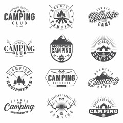 Camping Set 12 badges Monochrome. Collection of outdoor camping icons