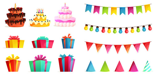 Birthday party isolated elements set with colorful presents fairy lights flags. Colorful balloons, carnival celebration food and candy. Gifts presents, sweet cupcakes and celebration cake.