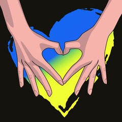 hand making heart sign on the black background. Sign hand shape heart. Heart from hand. Supporting postcard with the flag of Ukraine - 491814794