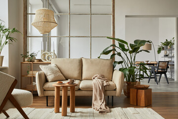 Modern living room interior composition with beige sofa, wooden coffee table and modern home...