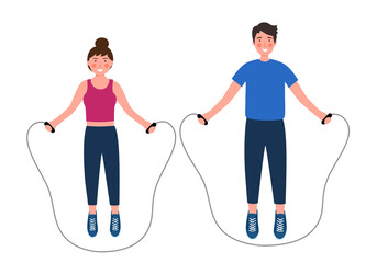 Man and woman exercising jumping rope in flat design on white background. 