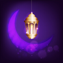 Golden Illuminated Arabic Lantern Hang And Lights Effect Crescent Moon On Purple Background For Islamic Festival Concept.