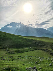 Obraz premium A mountain valley in the gorge of the Cherek-Balkar River in the vicinity of the Gymyhli tract. Caucasus 2021