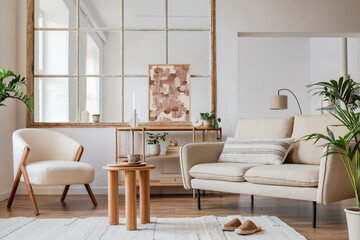 Stylish compositon of modern living room interior with frotte armchair, sofa, plants, wooden...