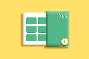 Vector of 3d download spreadsheet icon. XLS, or XLSX file format icon with landscape design. sheet logo. xls extension icon. spreadsheet icon combine with download button, folder icon, and table icon.