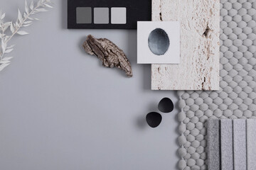 Stylish architect and interior designer moodboard. Flat lay composition in grey color palette with...