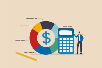 Cost structure, expense and income balance calculation, revenue, debt and investment analysis, money management, budget or saving concept, businessman with calculator with pie chart of cost structure. - obrazy, fototapety, plakaty