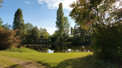 Das Blau des Himmels am Horizont. Der Himmel behält Farbe im Wasser bei. Die natürliche Umgebung des Sees. Laubbäume in Herbstfarben. Verzweigte Bäume spiegeln sich im Wasser. Erstaunliche Natur.