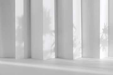 Abstract white 3d studio background for cosmetic product presentation. Empty grey room with shadows of window. Display product with blurred backdrop.