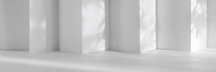 Abstract white 3d studio background for cosmetic product presentation. Empty grey room with shadows of window. Display product with blurred backdrop. Banner