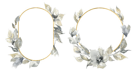 Dusty gray plant clipart. Watercolor bohemian golden wreaths. Round boho wreath. Leaves and flowers drawn in ink. For greeting cards, wedding invitations, posters, placards, scrapbooking
