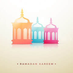 Ramadan Mubarak Concept With Glossy Colorful Lanterns On Beige Background.