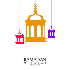 Ramadan Mubarak Celebration Greeting Card Decorated With Colorful Lanterns Hang On White Background.